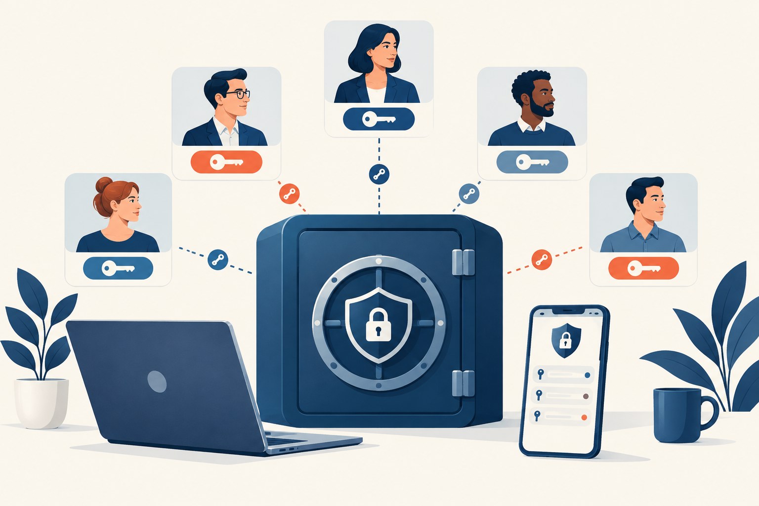 Business password managers illustrated with a secure vault and team access