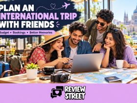 Four friends planning an international trip with a laptop and map, with the ReviewStreet logo in the footer.