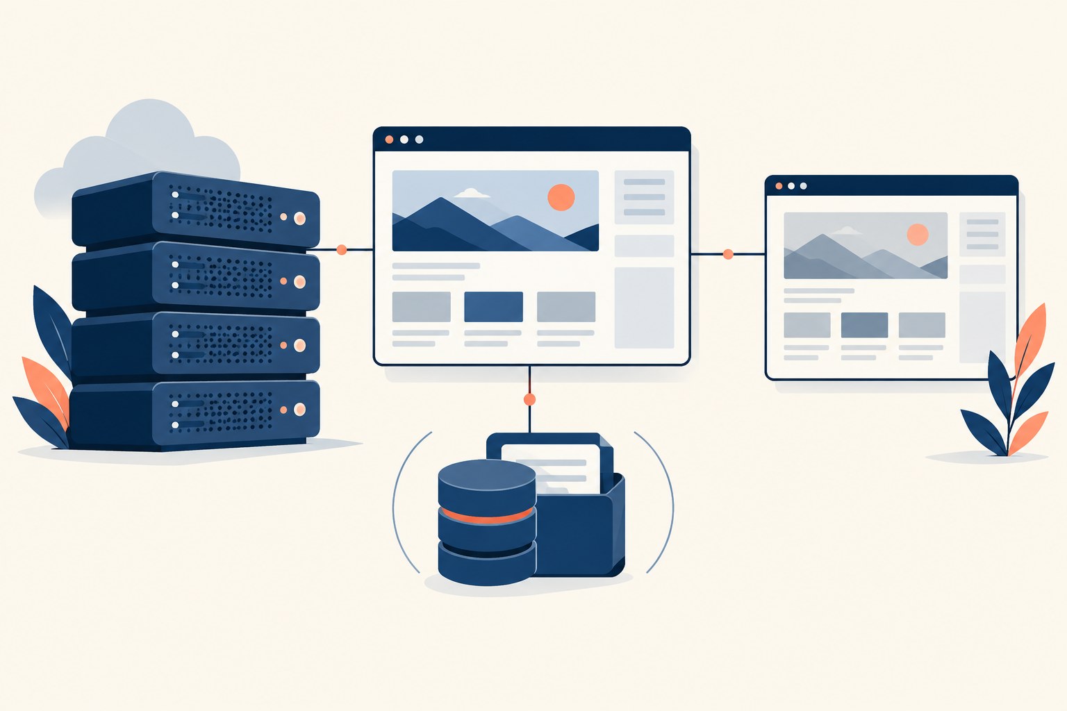 Managed WordPress hosting illustrated with servers, website pages and a database