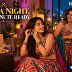 Navratri shopping trends illustration: two friends in lehengas preparing for Garba with oxidised jewellery, dandiya sticks and snacks.