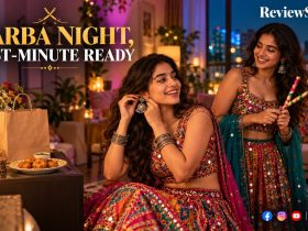 Navratri shopping trends illustration: two friends in lehengas preparing for Garba with oxidised jewellery, dandiya sticks and snacks.