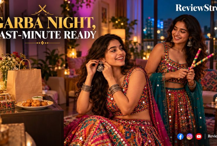 Navratri shopping trends illustration: two friends in lehengas preparing for Garba with oxidised jewellery, dandiya sticks and snacks.