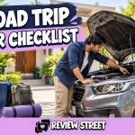 Man checking a parked car before a road trip, with luggage and ReviewStreet branding.