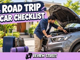 Man checking a parked car before a road trip, with luggage and ReviewStreet branding.