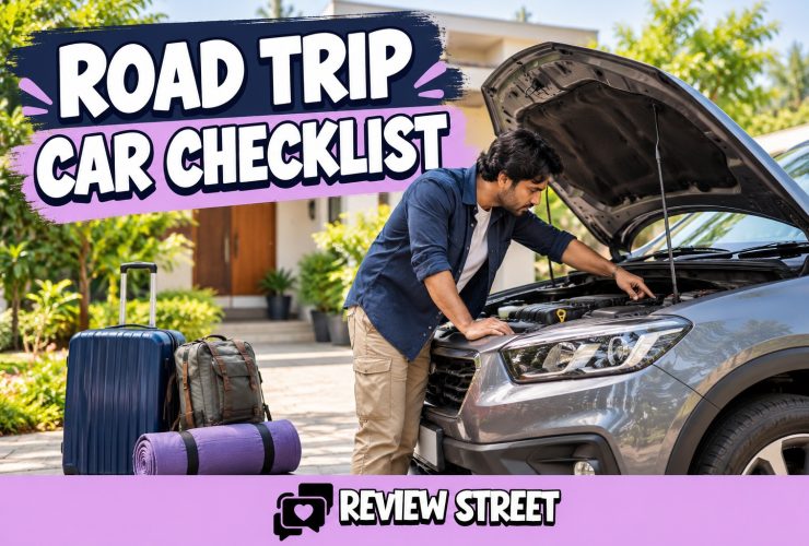 Man checking a parked car before a road trip, with luggage and ReviewStreet branding.