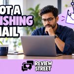 Professional checking a laptop for phishing emails, with an envelope graphic and ReviewStreet branding.