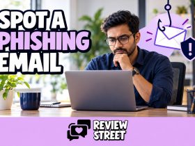 Professional checking a laptop for phishing emails, with an envelope graphic and ReviewStreet branding.