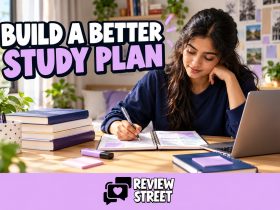 Student making a study timetable beside books and a laptop, with ReviewStreet branding.
