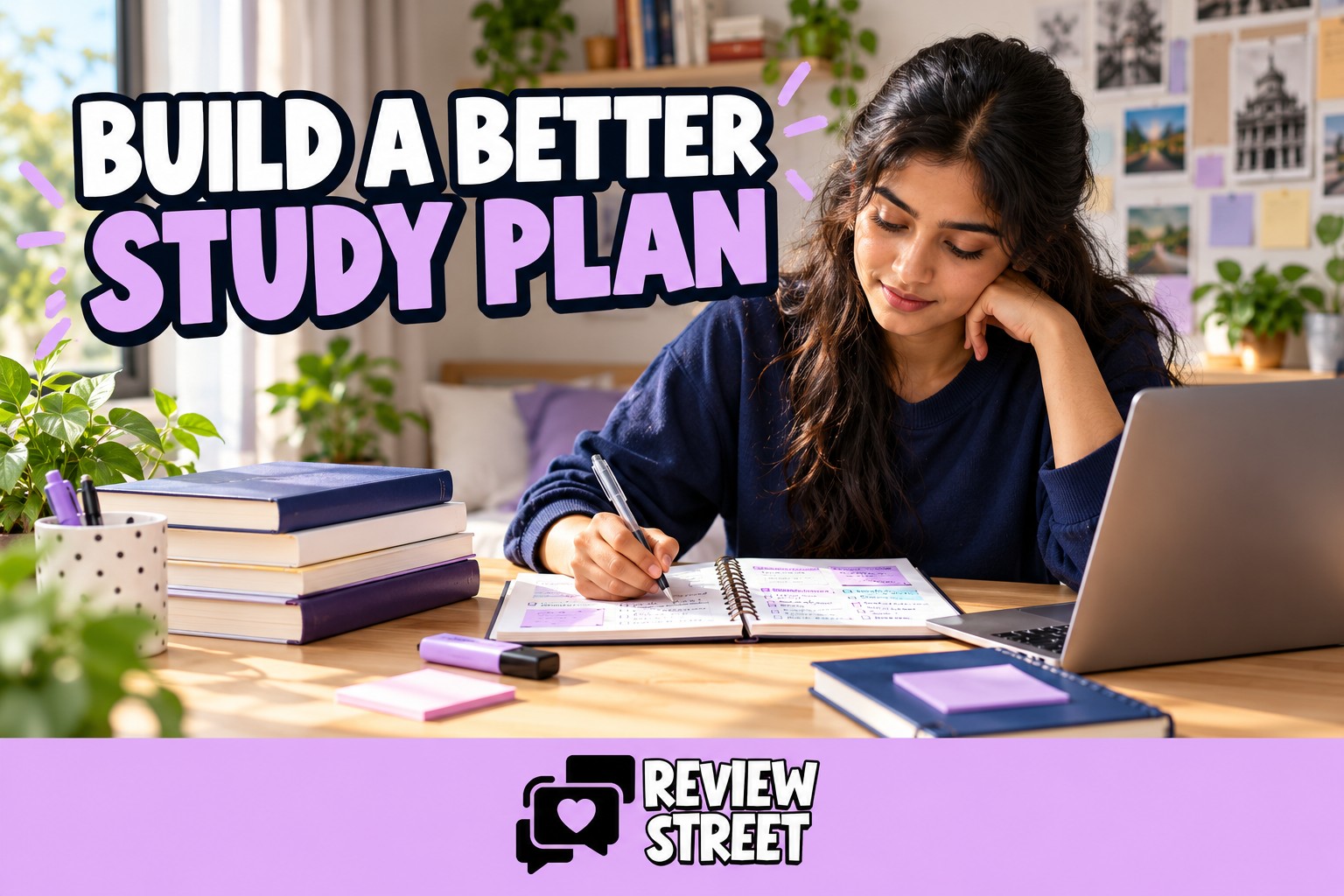 Student making a study timetable beside books and a laptop, with ReviewStreet branding.