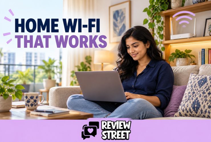 Woman using a laptop near a home Wi-Fi router, with ReviewStreet branding.