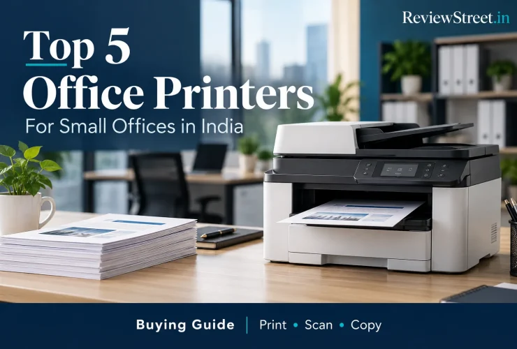 ReviewStreet guide to the top five office printers for small offices in India, illustrated with a multifunction printer on an office desk.